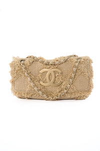 CHANEL rare small natural canvas woven fringe with gold hardware handbag